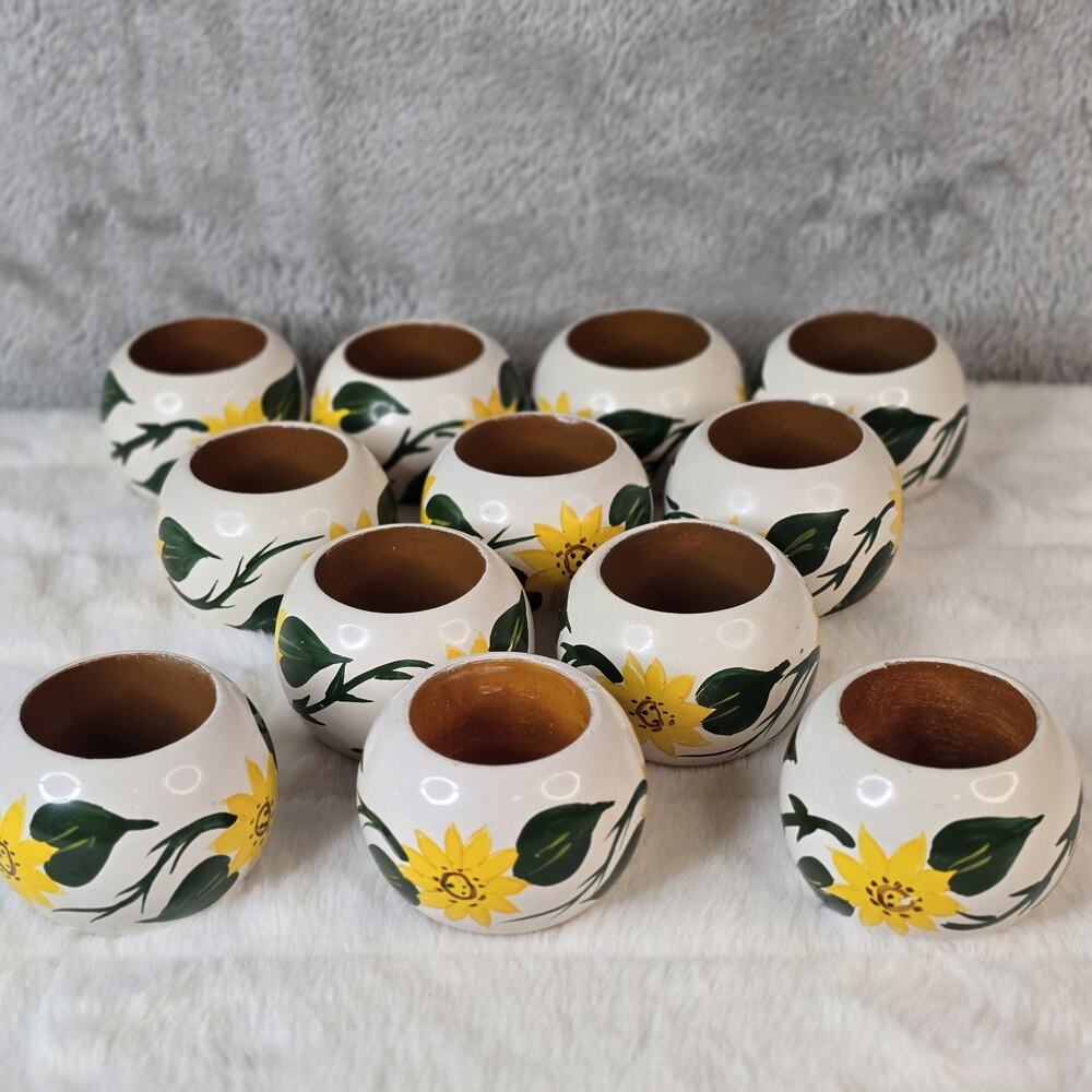 Vintage Wooden Floral Painted Napkin Ring Holders Set of 12 Cottagecore